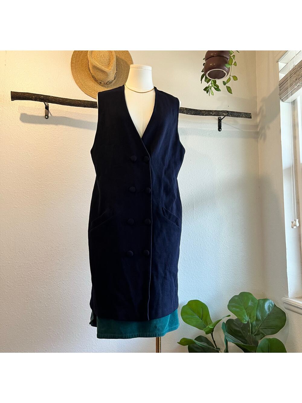 Preview Navy Blue Merino Wool Long Double Button Sleeveless Vest Duster Size XL